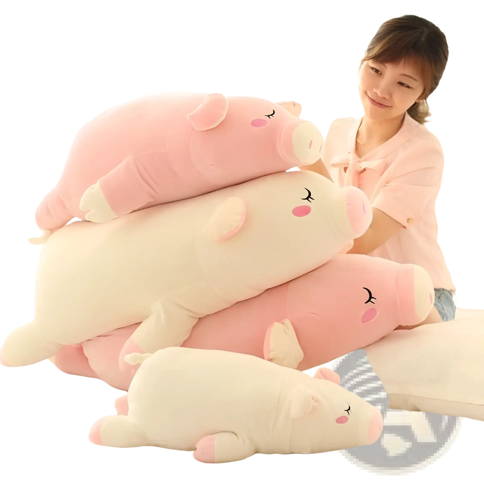 Soft pig plush toy pillow in pink and cream with closed eyes rosy cheeks and soft fabric body gift doll