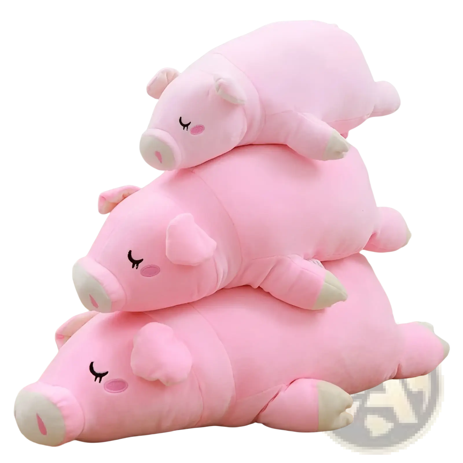 Soft pink plush pig stuffed animals with white snouts and closed eyes stacked as cartoon animal pillow dolls gift