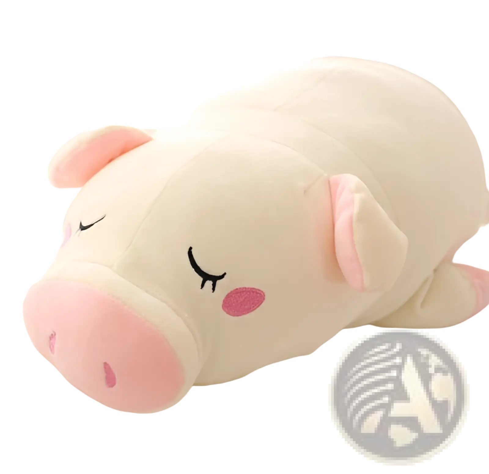 Soft pig plush toy with white fabric and pink ears snout and cheeks lying on its side for cuddly comfort