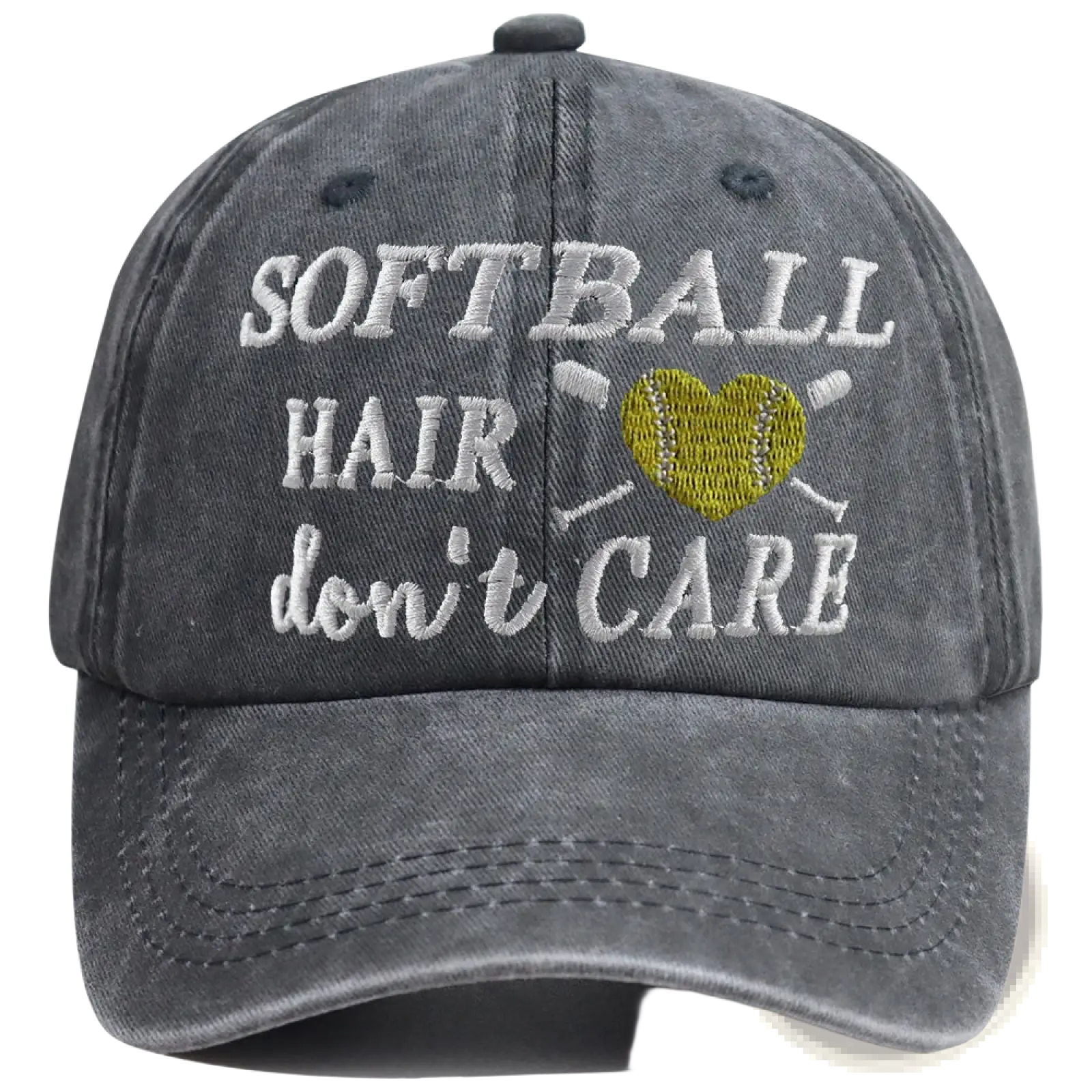 A dark gray distressed cotton baseball cap with embroidered white softball hair dont care text and yellow heart softball design