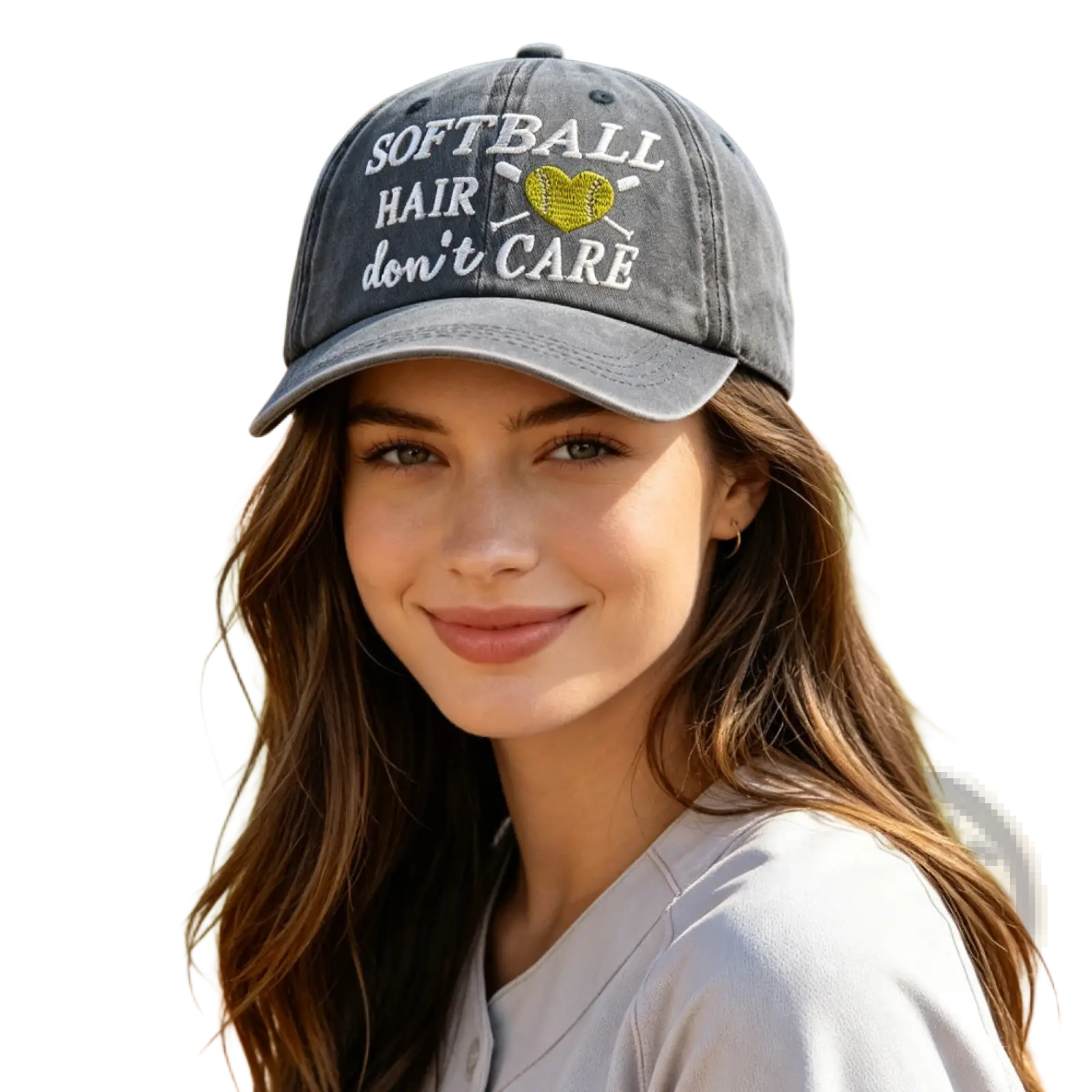 Softball hair don’t care distressed cap faded gray with embroidered white text and yellow heart design on front