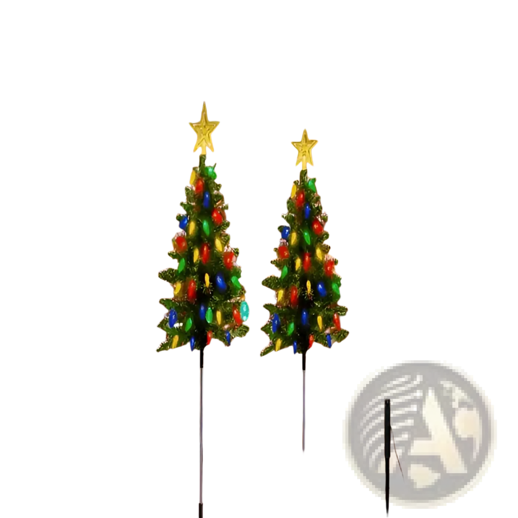 Two illuminated artificial christmas trees with colorful solar lights and gold star toppers in snowy outdoor setting
