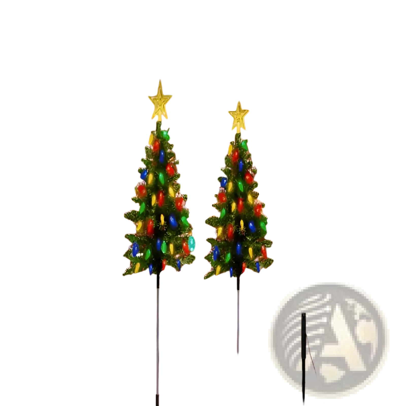 Two illuminated artificial christmas trees with colorful solar lights and gold star toppers in snowy outdoor setting