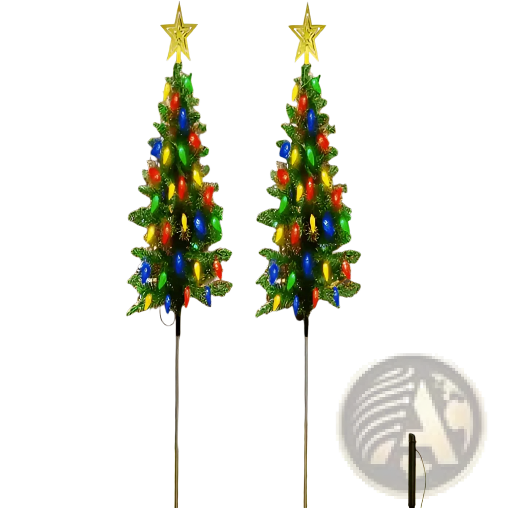 Two identical green solar-powered christmas trees with colorful lights and gold star tops for outdoor path decor