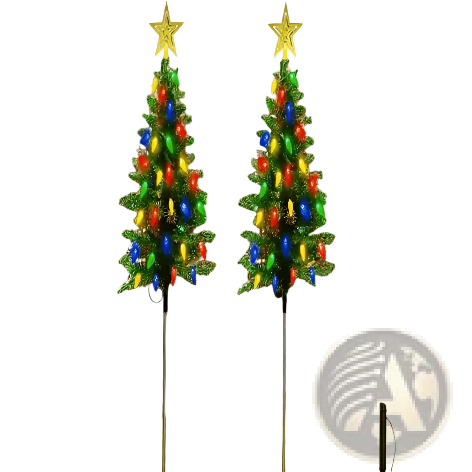 Two identical green solar-powered christmas trees with colorful lights and gold star tops for outdoor path decor