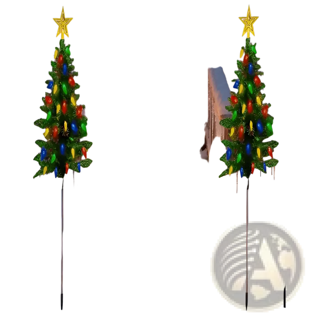 Two illuminated solar christmas tree lights with colorful bulbs and star toppers for outdoor path decor