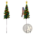 Two illuminated solar christmas tree lights with colorful bulbs and star toppers for outdoor path decor