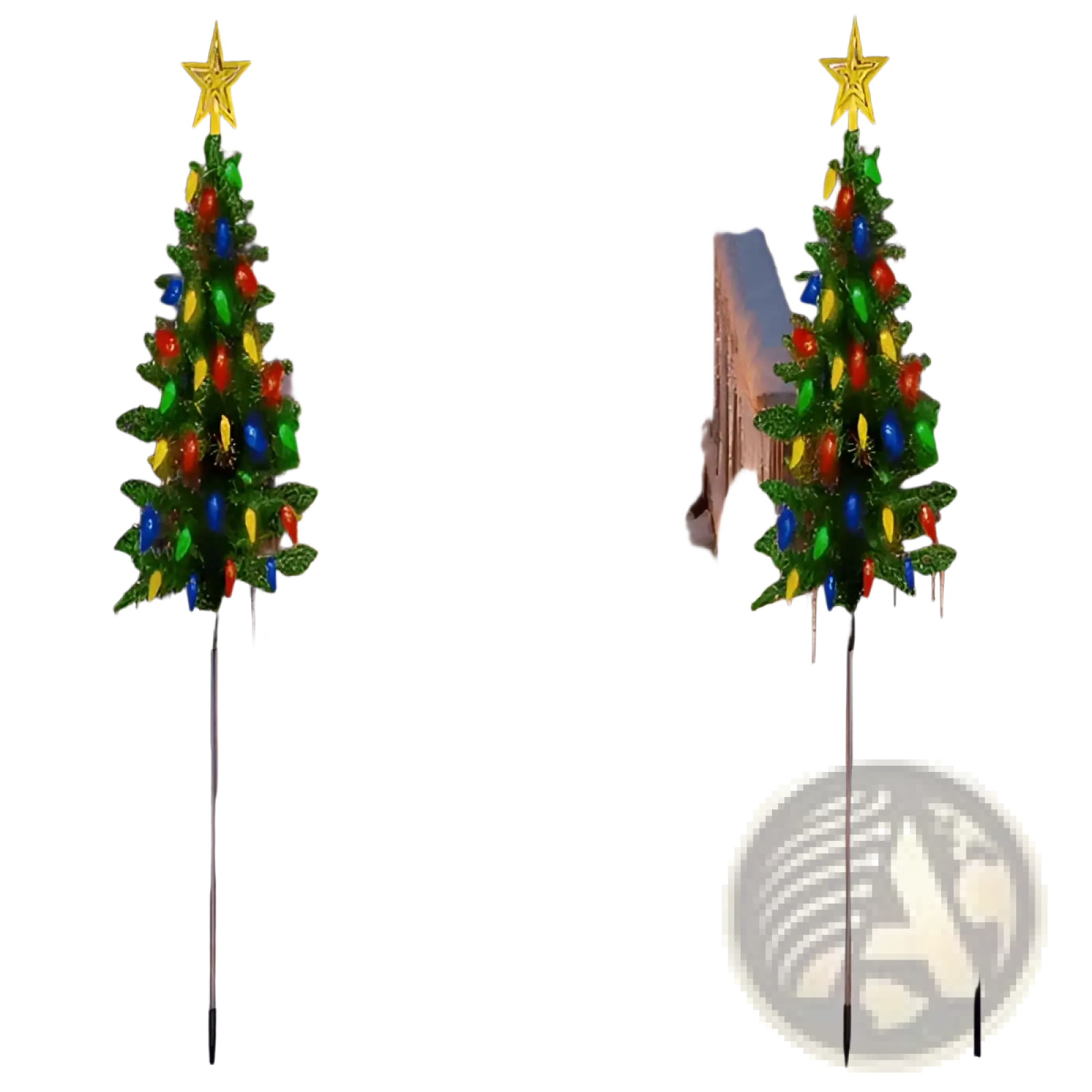 Two illuminated solar christmas tree lights with colorful bulbs and star toppers for outdoor path decor