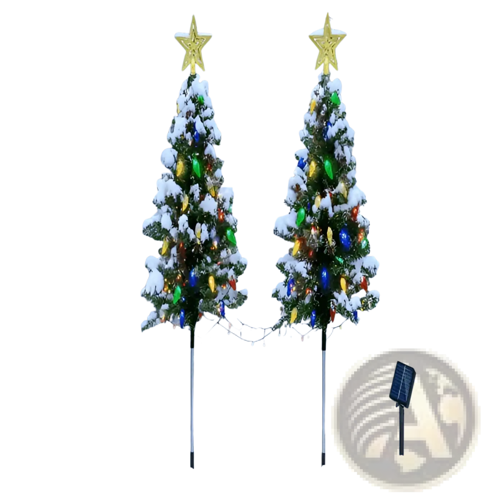 Two snow-dusted solar christmas tree lights with colorful bulbs and gold star toppers beside an icy pond outdoors