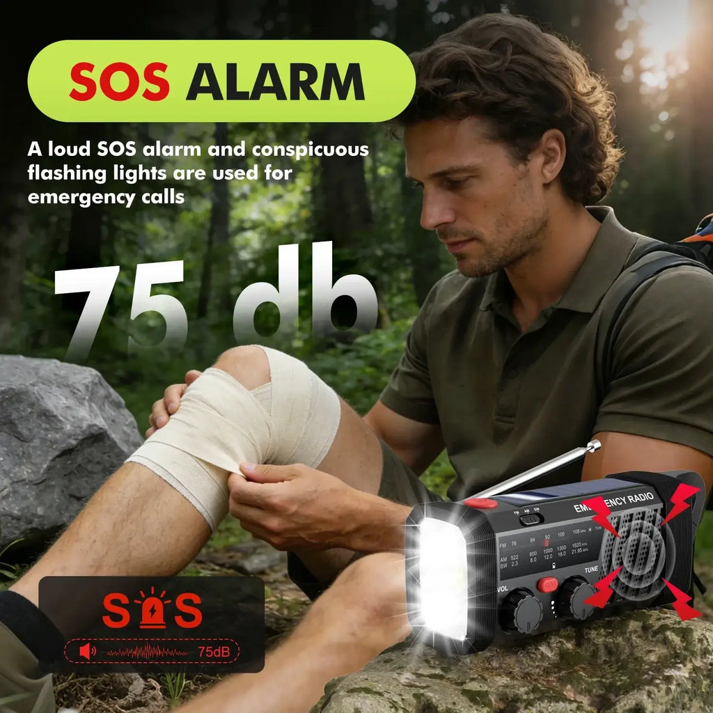 Black solar emergency radio hand crank flashlight with am fm sw bands integrated sos alarm feature