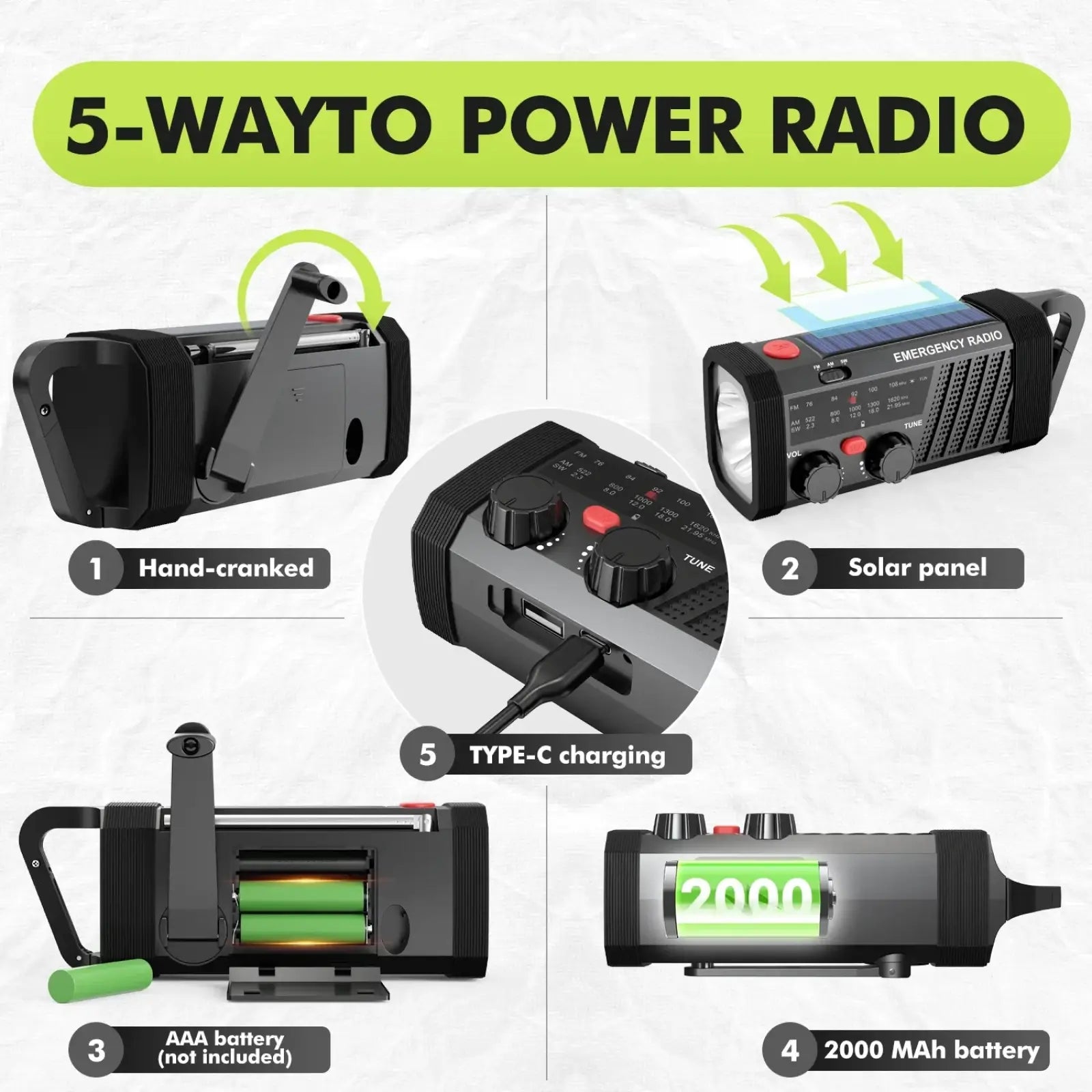 Black solar emergency radio hand crank flashlight with 5-way power charging and type-c port for am fm sw reception