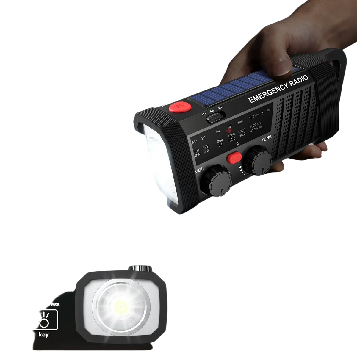 Black solar emergency radio hand crank flashlight with 120-lumen brightness and am fm sw radio features