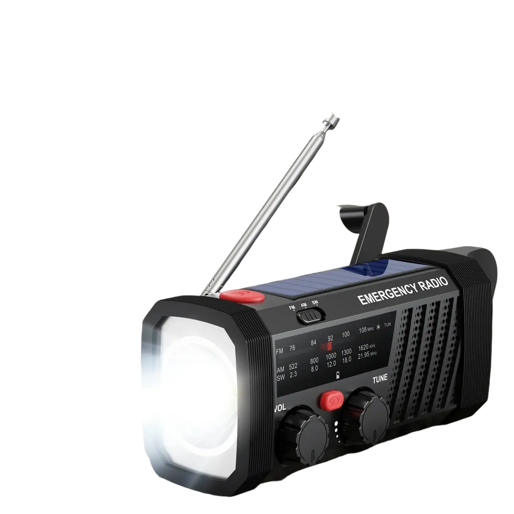 Black solar emergency radio with hand crank solar panel led flashlight and red buttons for am fm sw radio use