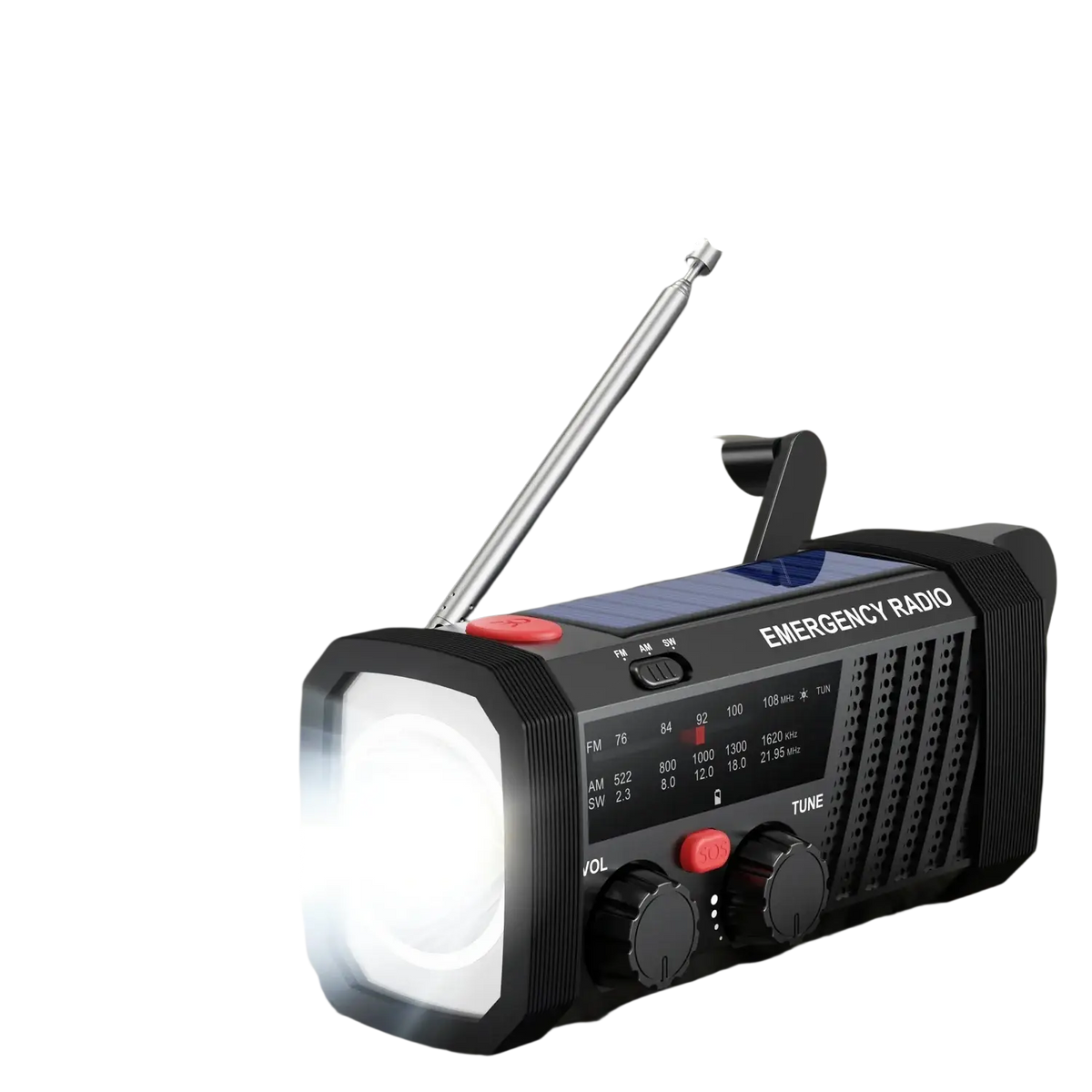 Black solar emergency radio with hand crank solar panel led flashlight and red buttons for am fm sw radio use