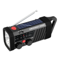 Black solar emergency radio with built-in flashlight, silver antenna, and solar panel for am fm sw hand crank use