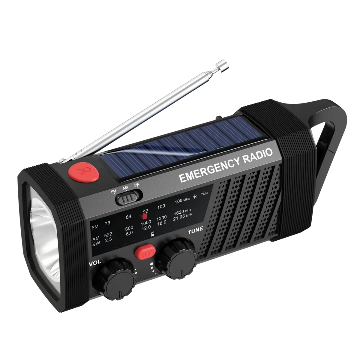Black solar emergency radio with built-in flashlight, silver antenna, and solar panel for am fm sw hand crank use