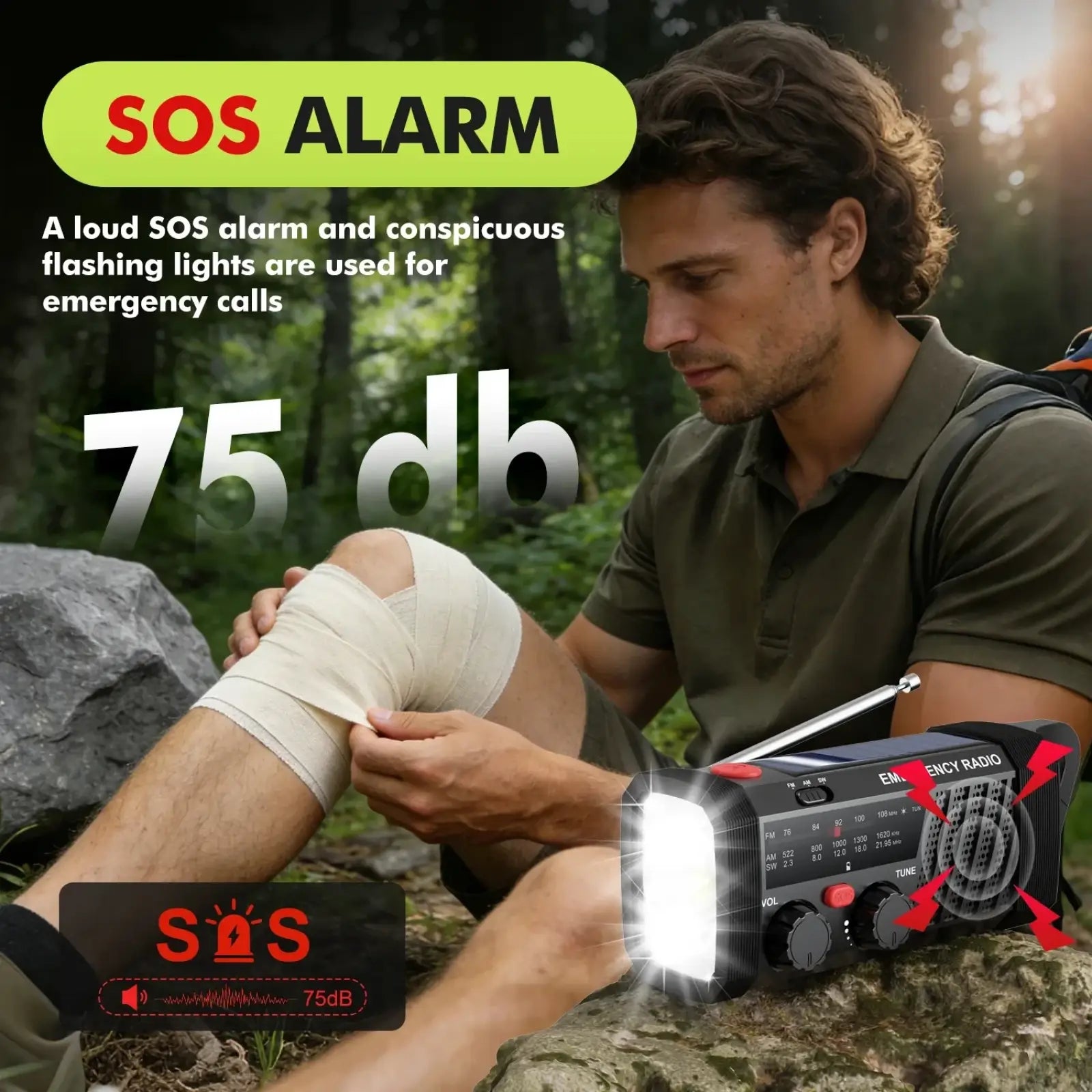 Black solar emergency radio hand crank flashlight with am fm sw bands integrated sos alarm feature