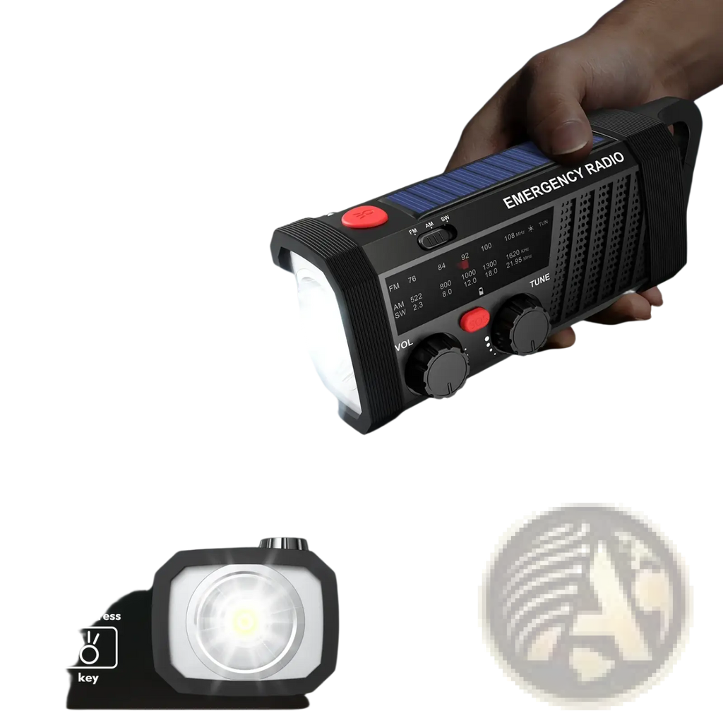 Black solar emergency radio hand crank flashlight with 120-lumen brightness and am fm sw radio features