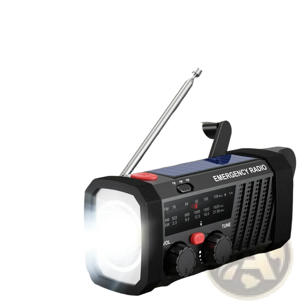 Black solar emergency radio with hand crank solar panel led flashlight and red buttons for am fm sw radio use