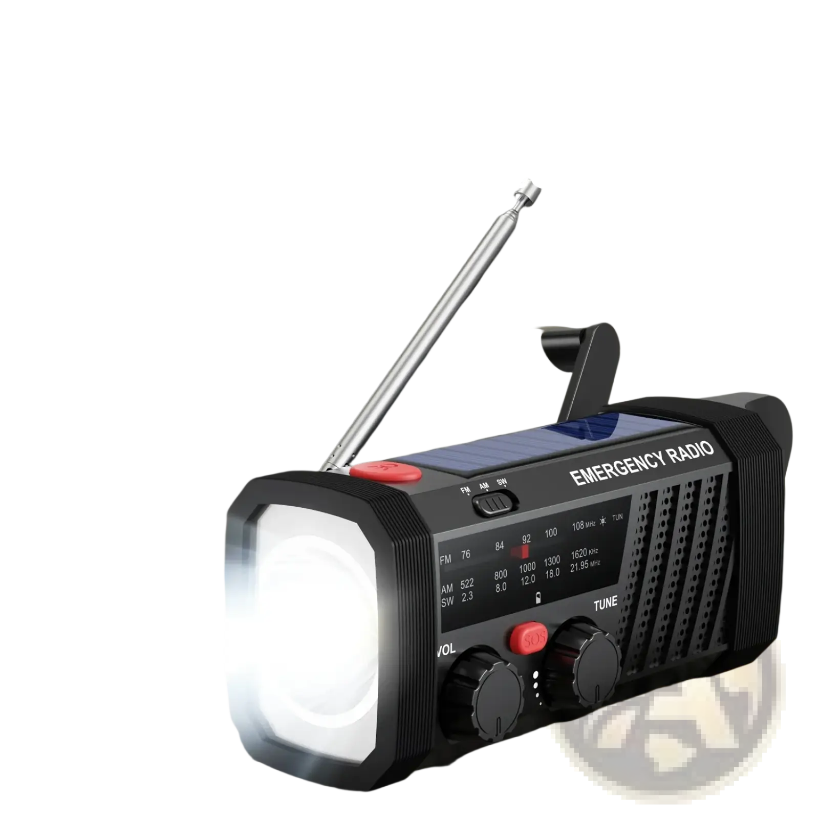 Black solar emergency radio with hand crank solar panel led flashlight and red buttons for am fm sw radio use