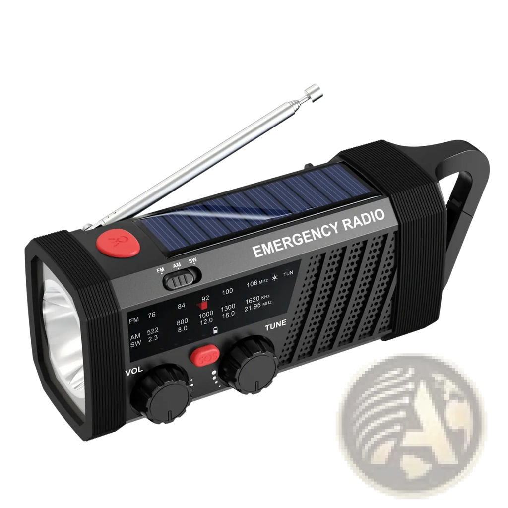 Black solar emergency radio with built-in flashlight, silver antenna, and solar panel for am fm sw hand crank use