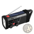 Black solar emergency radio with built-in flashlight, silver antenna, and solar panel for am fm sw hand crank use