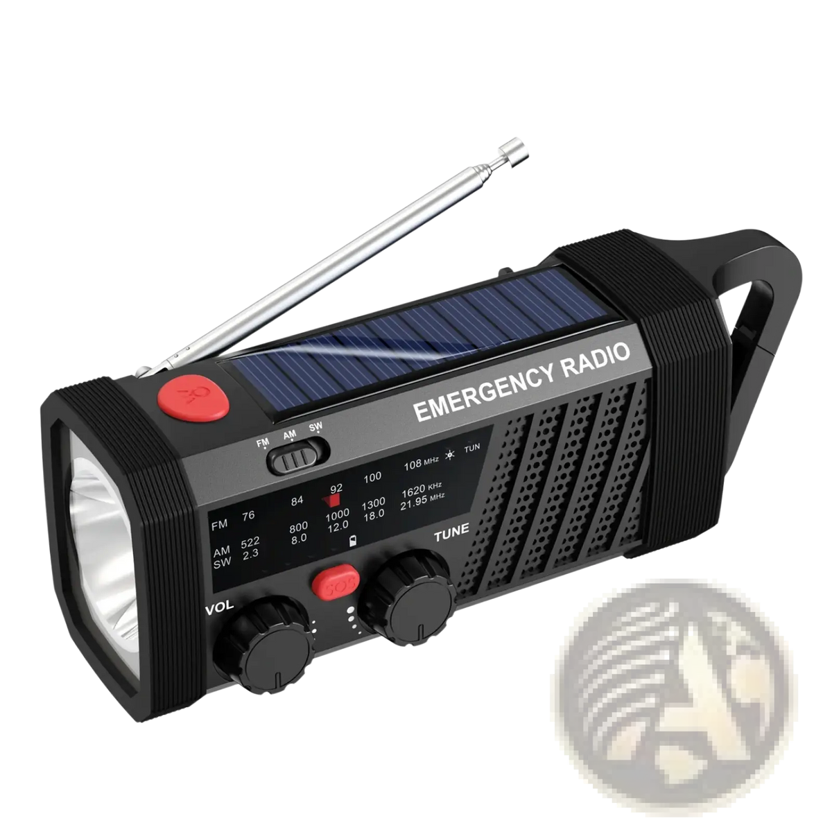Black solar emergency radio with built-in flashlight, silver antenna, and solar panel for am fm sw hand crank use