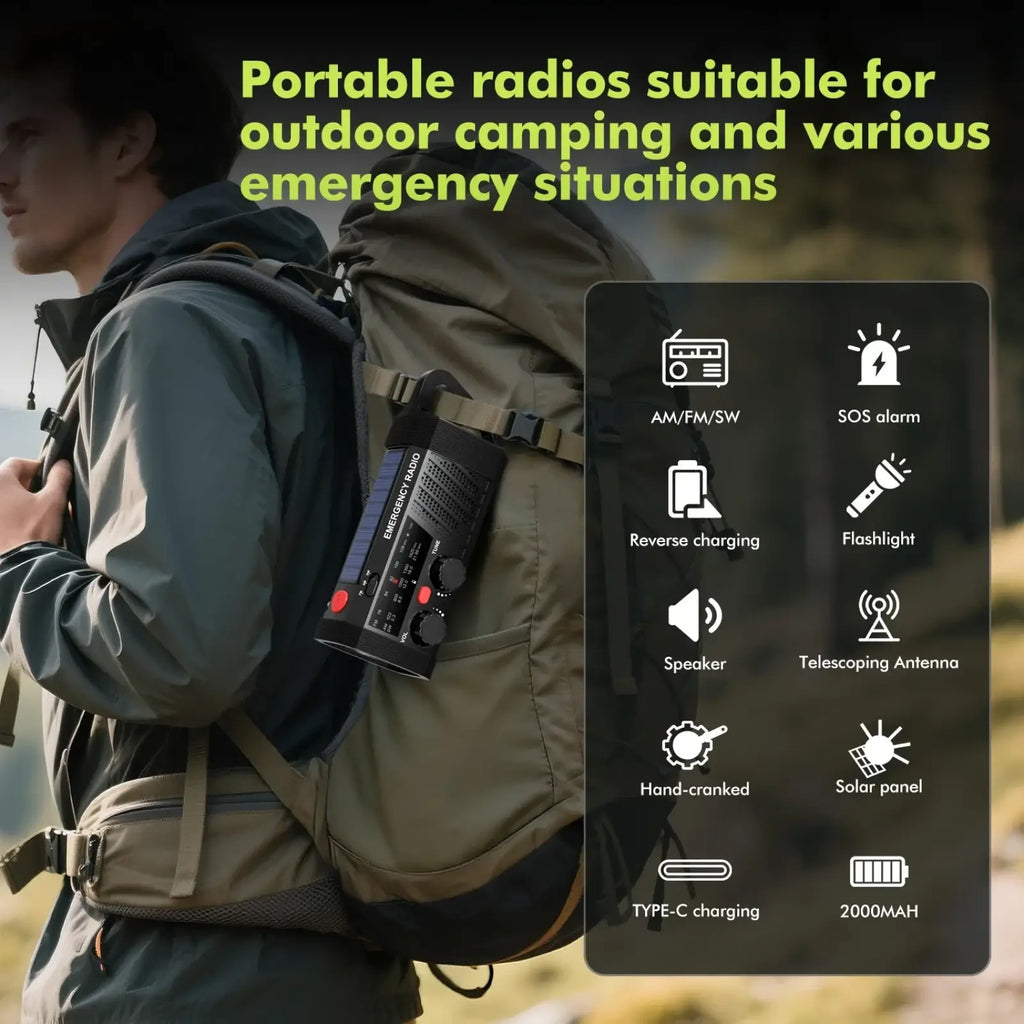 Black portable solar emergency radio with hand crank flashlight am fm sw for power backup and outdoor use