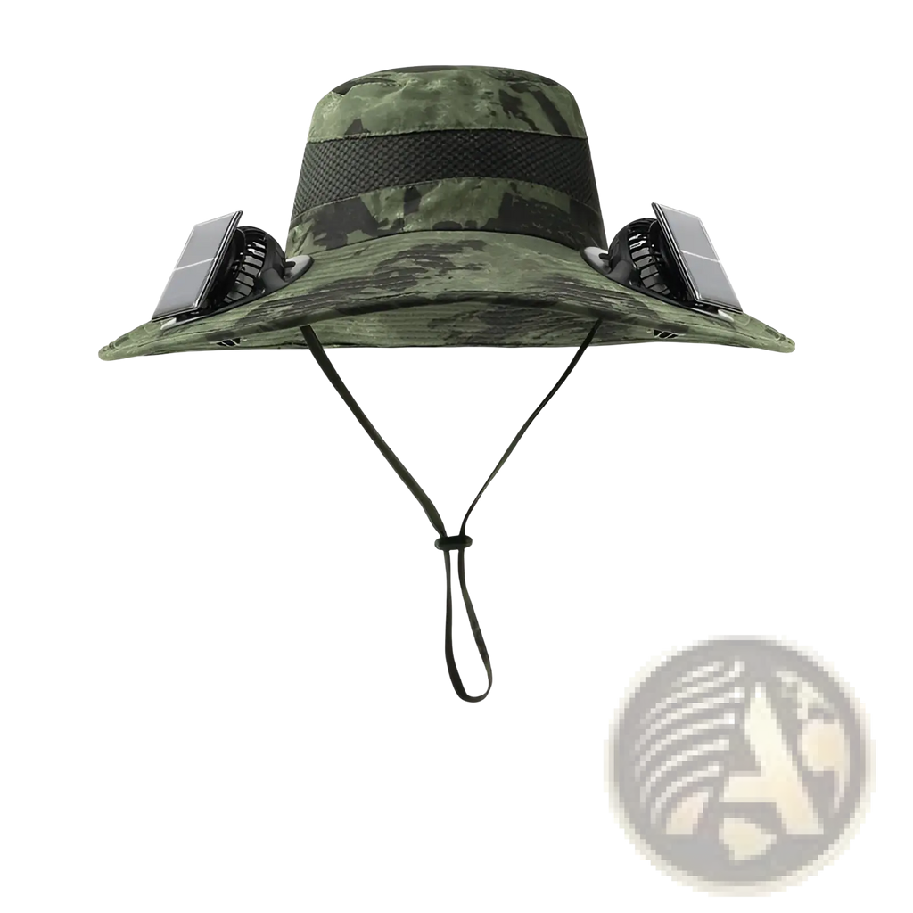 Army green camouflage solar fan bucket hat with integrated solar-powered side fans for outdoor sun protection