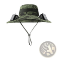 Army green camouflage solar fan bucket hat with integrated solar-powered side fans for outdoor sun protection