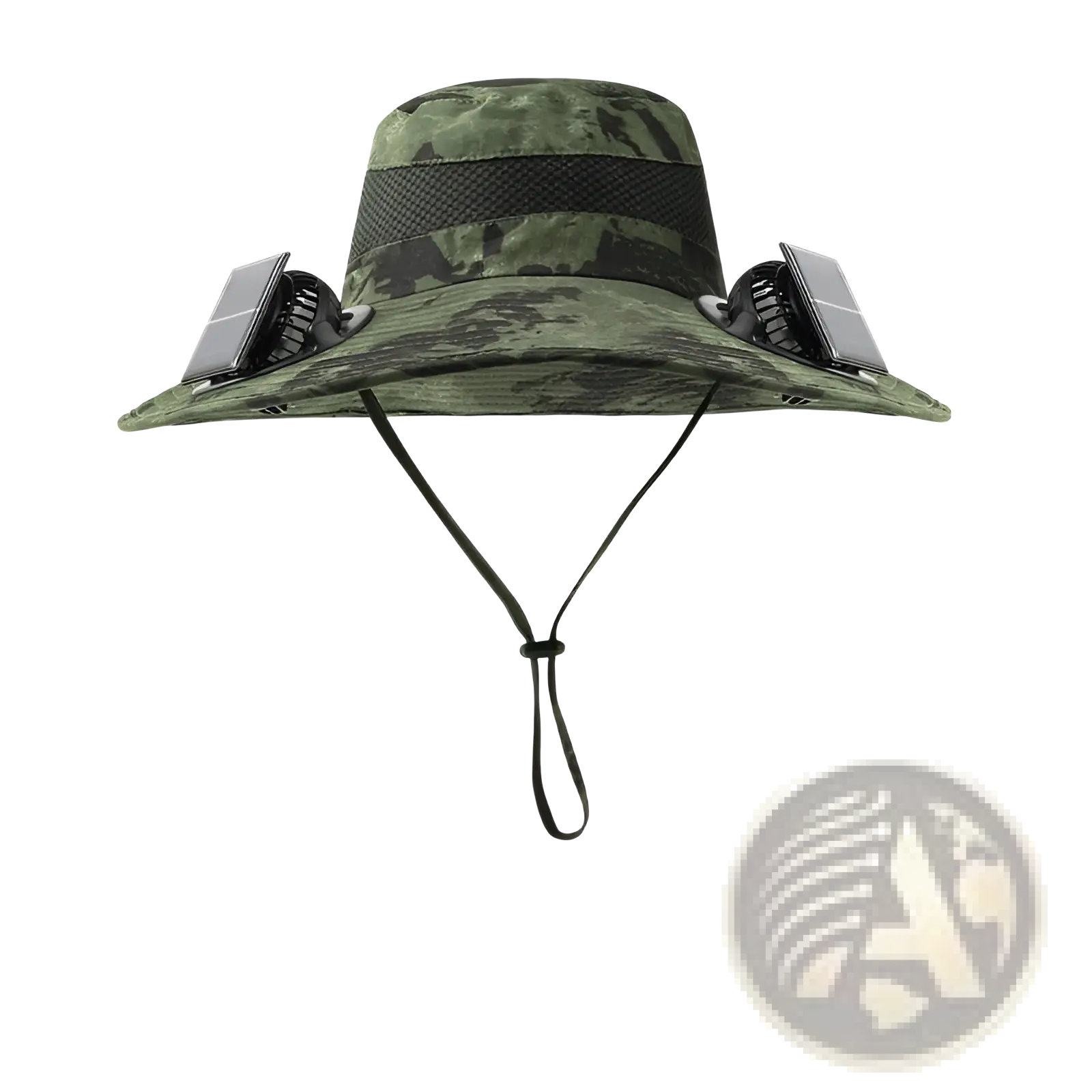 Army green camouflage solar fan bucket hat with integrated solar-powered side fans for outdoor sun protection