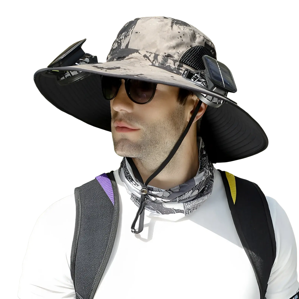 Solar fan bucket hat camouflage outdoor sun cap with wide black brim and side integrated solar panels for cooling