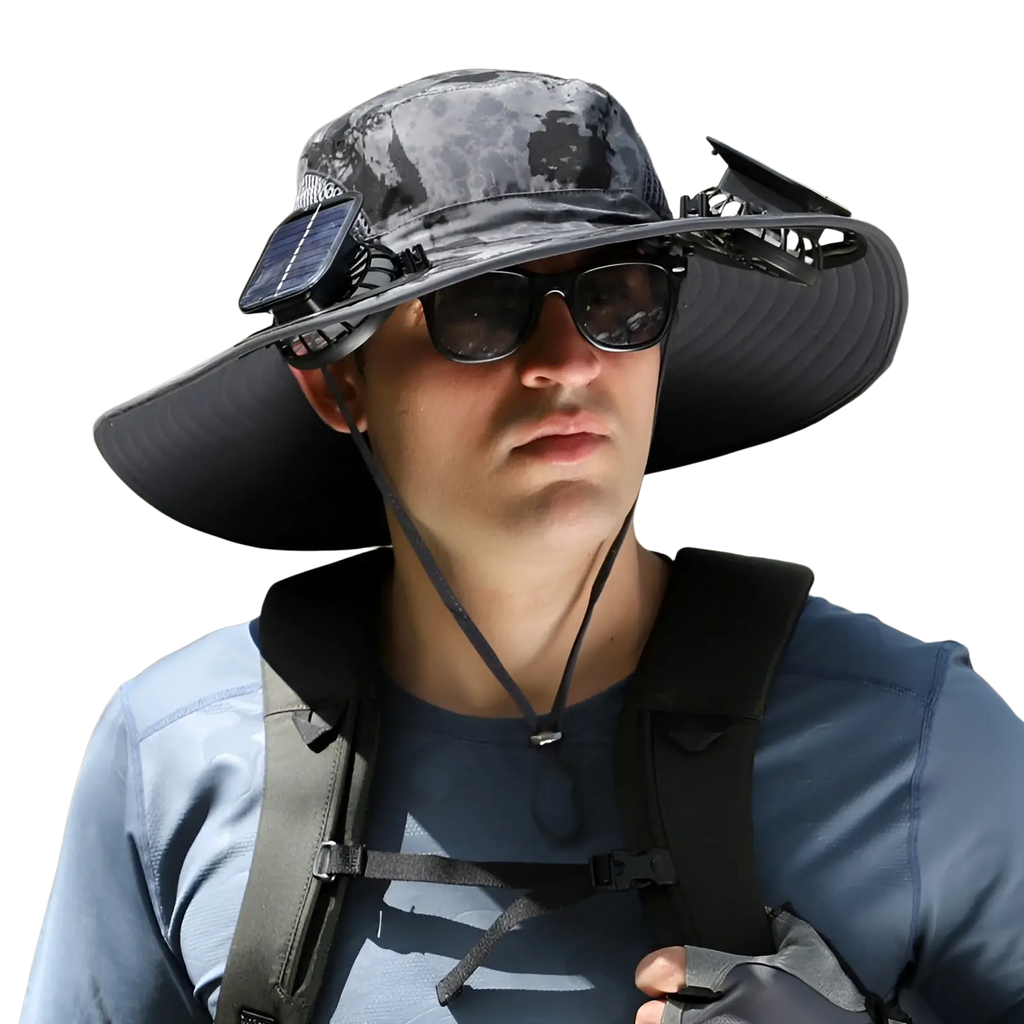 Camouflage-patterned solar fan bucket hat with solar panel attached to brim for outdoor sun protection