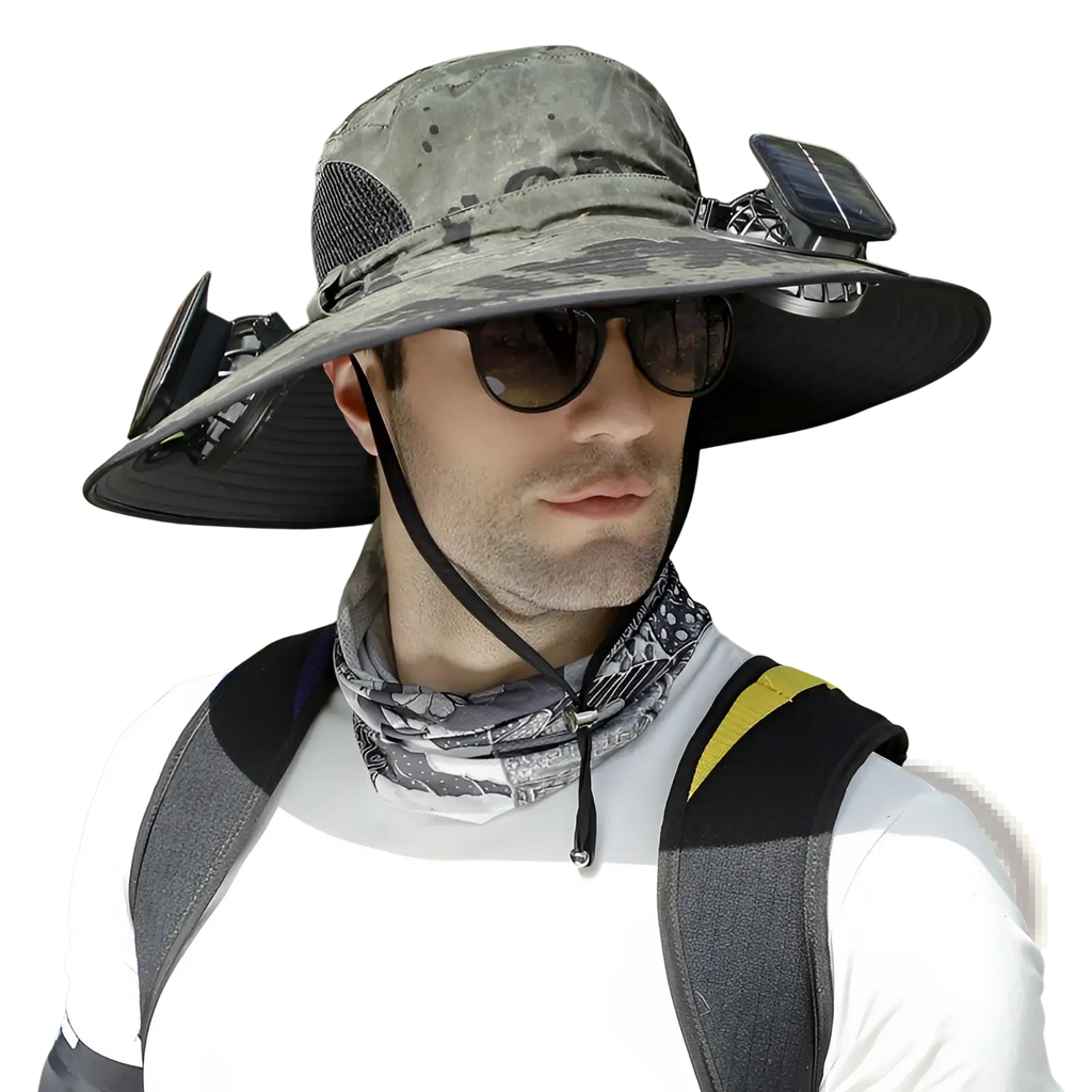 Camouflage-patterned solar fan bucket hat with black brim and integrated solar panels for outdoor sun protection
