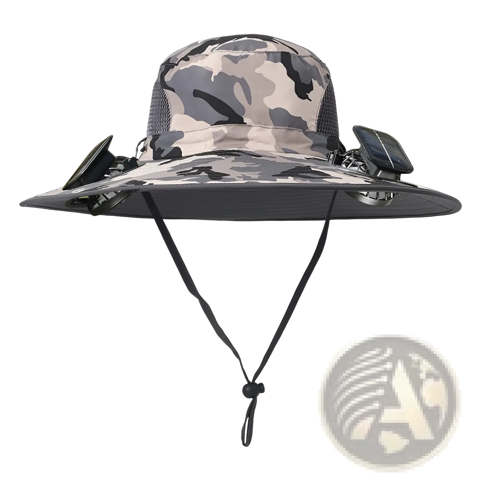 A gray and beige camouflage solar fan bucket hat with wide brim featuring two solar-powered fans for outdoor use