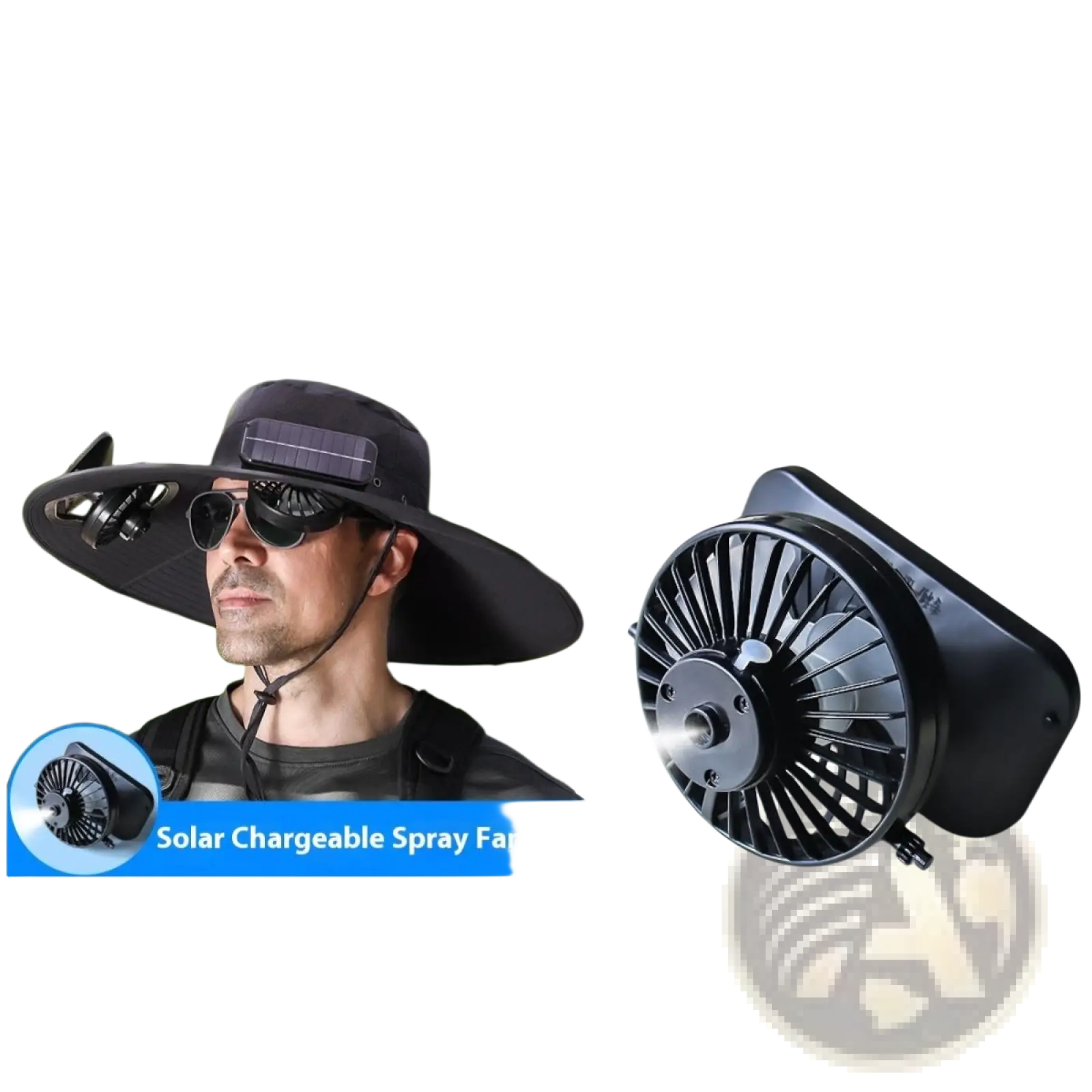 Black solar chargeable spray fan hat with integrated cooling fan and upf 50 plus sun protection in military green