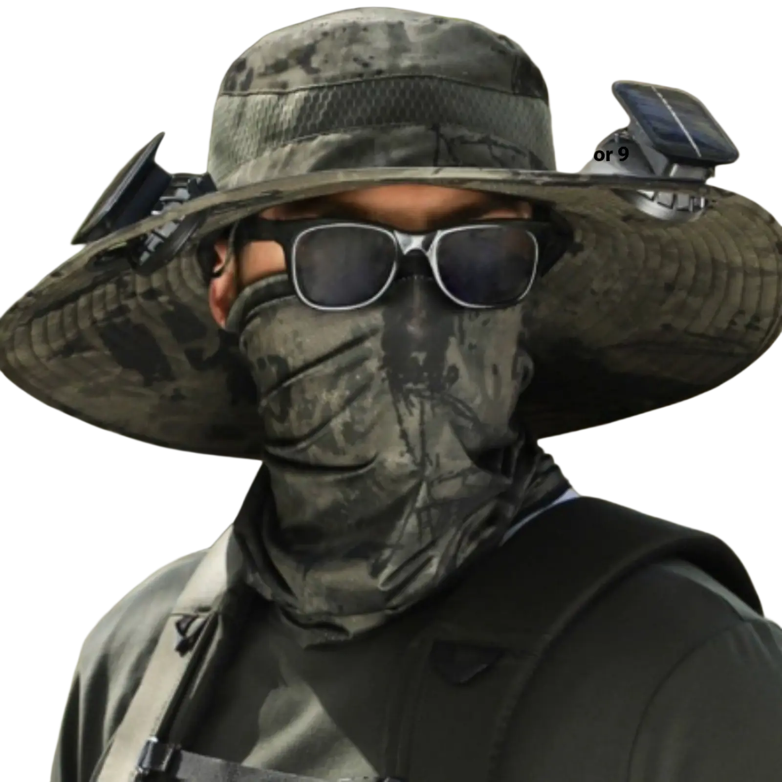 Camouflage-patterned wide-brimmed solar fan hat in military green with integrated solar panels for sun protection