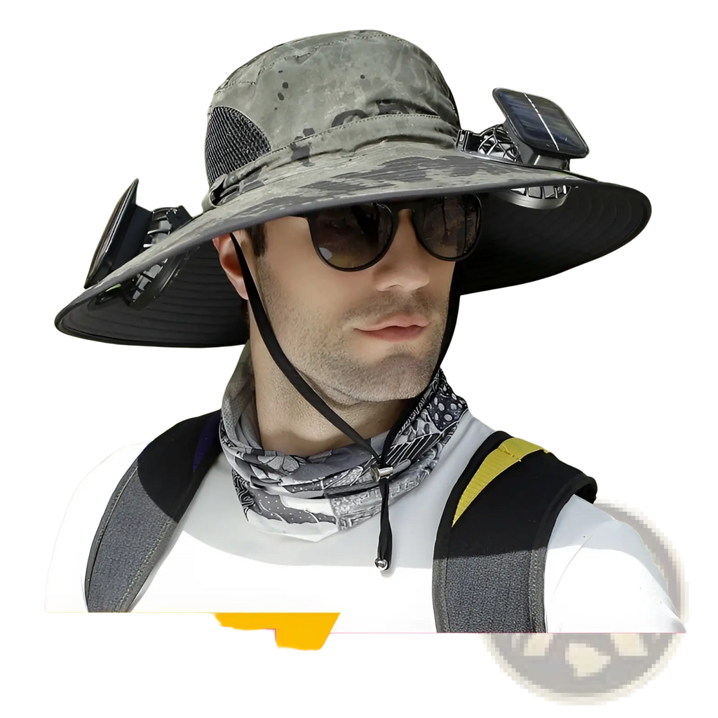 Camouflage-patterned outdoor fishing sun hat with black brim and integrated solar battery for solar fan power