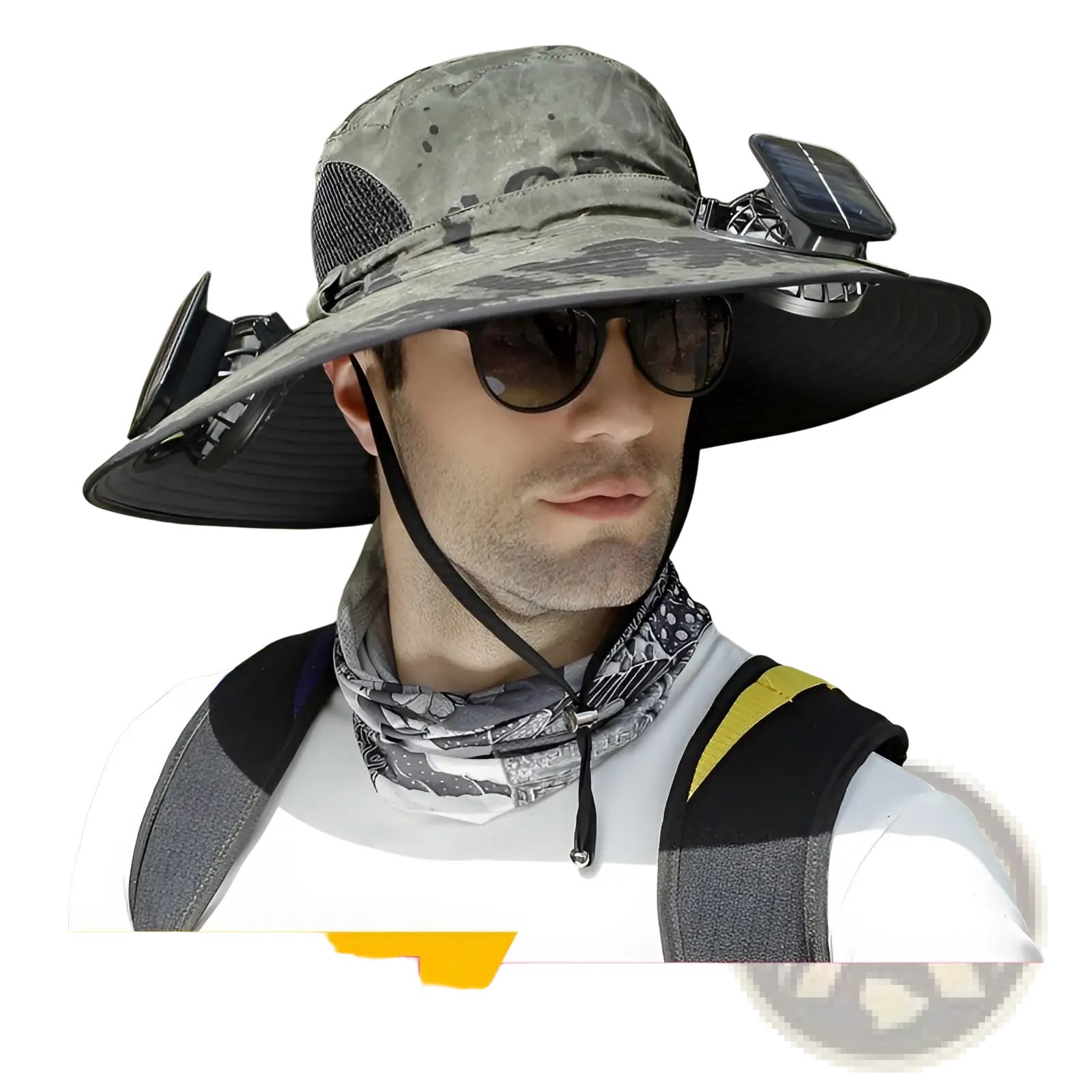 Camouflage-patterned outdoor fishing sun hat with black brim and integrated solar battery for solar fan power