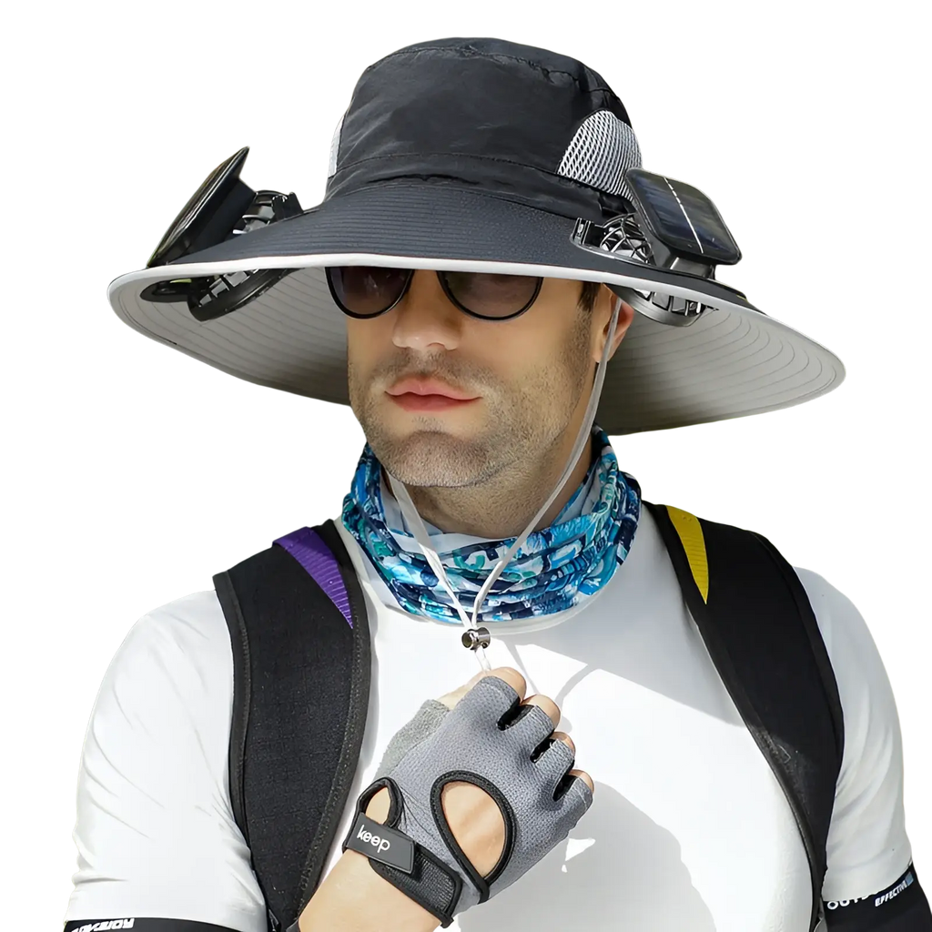 Black and gray solar fan sun hat with wide brim mesh panels for ventilation and built-in sunglasses holders for fishing