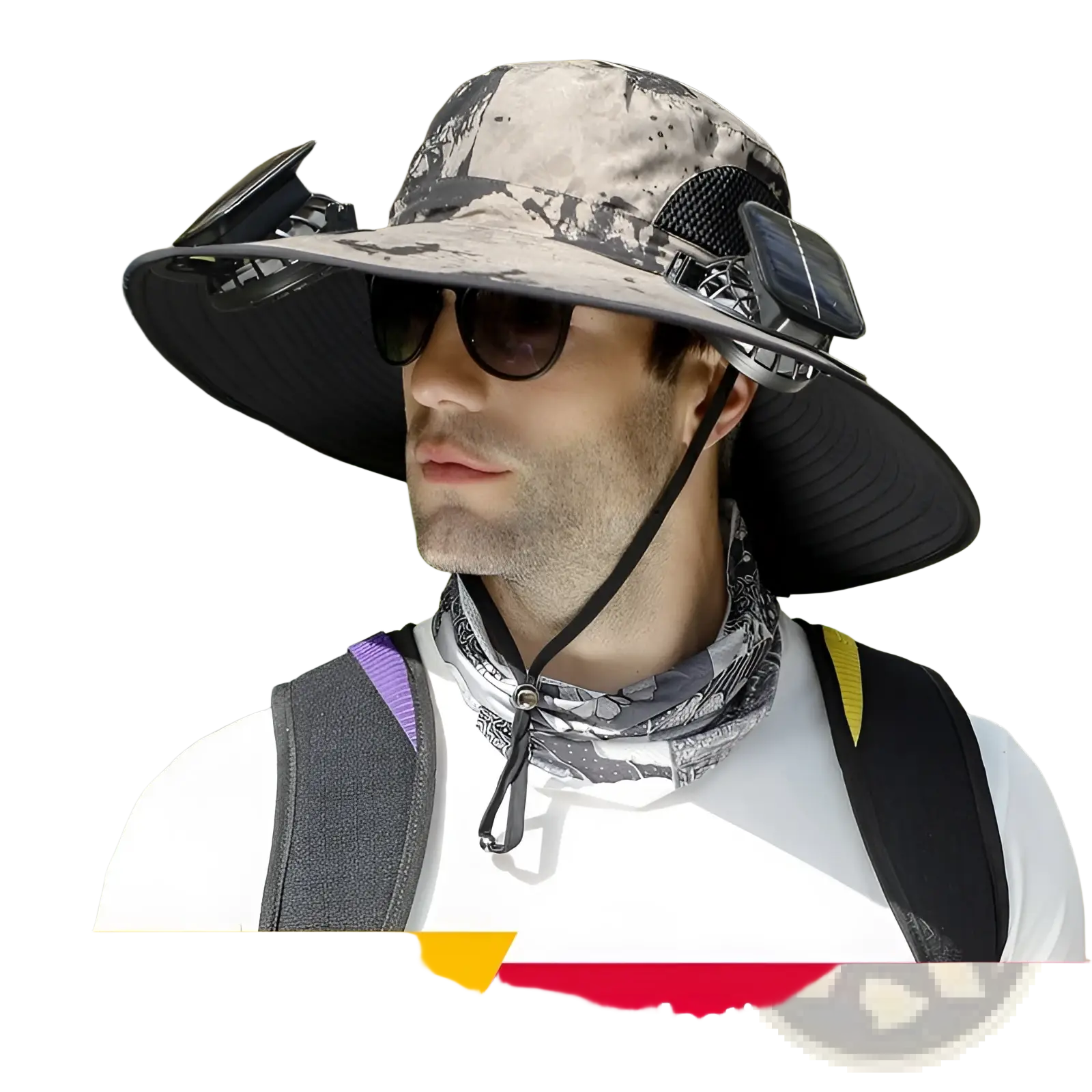 Camouflage-patterned solar fan sun hat with black brim and integrated solar panels for outdoor fishing use