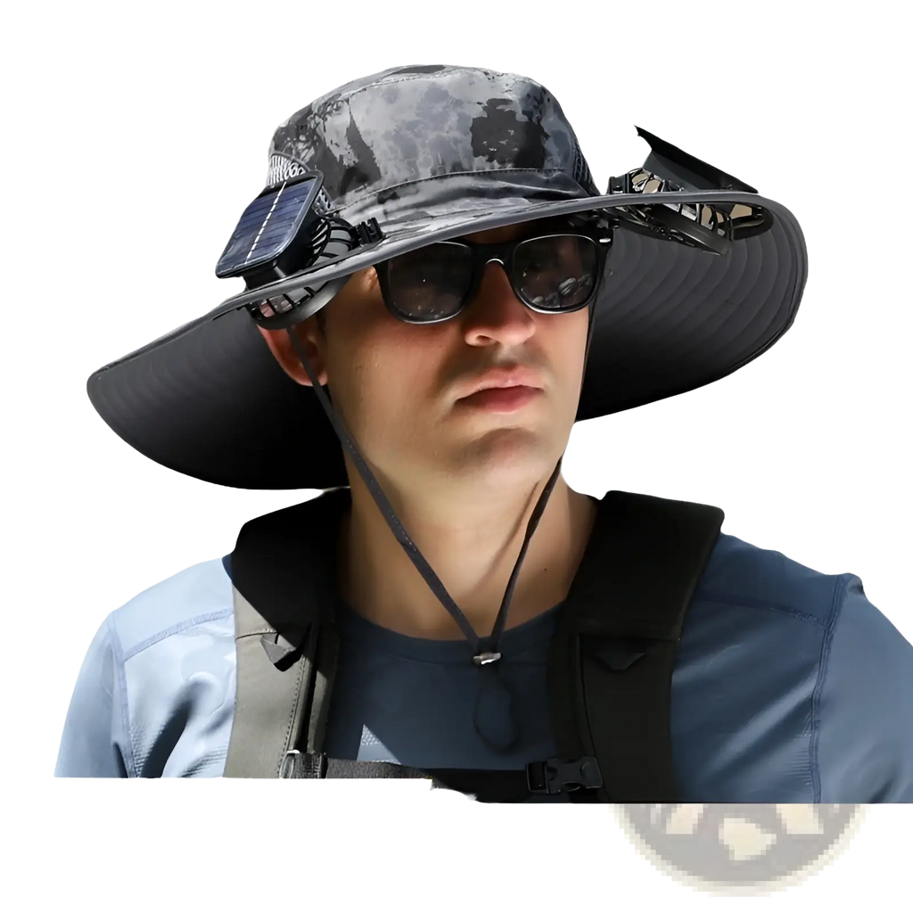 Gray camouflage solar fan sun hat with wide brim and integrated solar panel for outdoor fishing use