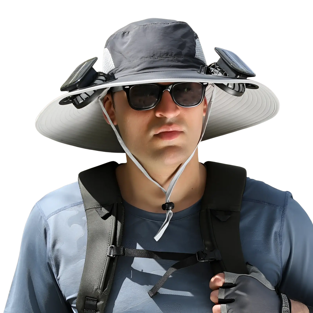 Gray solar fan sun hat with wide brim mesh panels and two black solar-powered lights for outdoor fishing cap