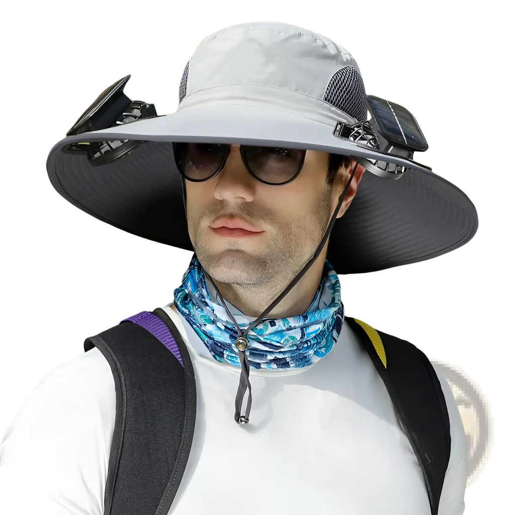 Light gray solar fan sun hat with wide brim black mesh panels and solar-powered sunglasses clips for outdoor fishing