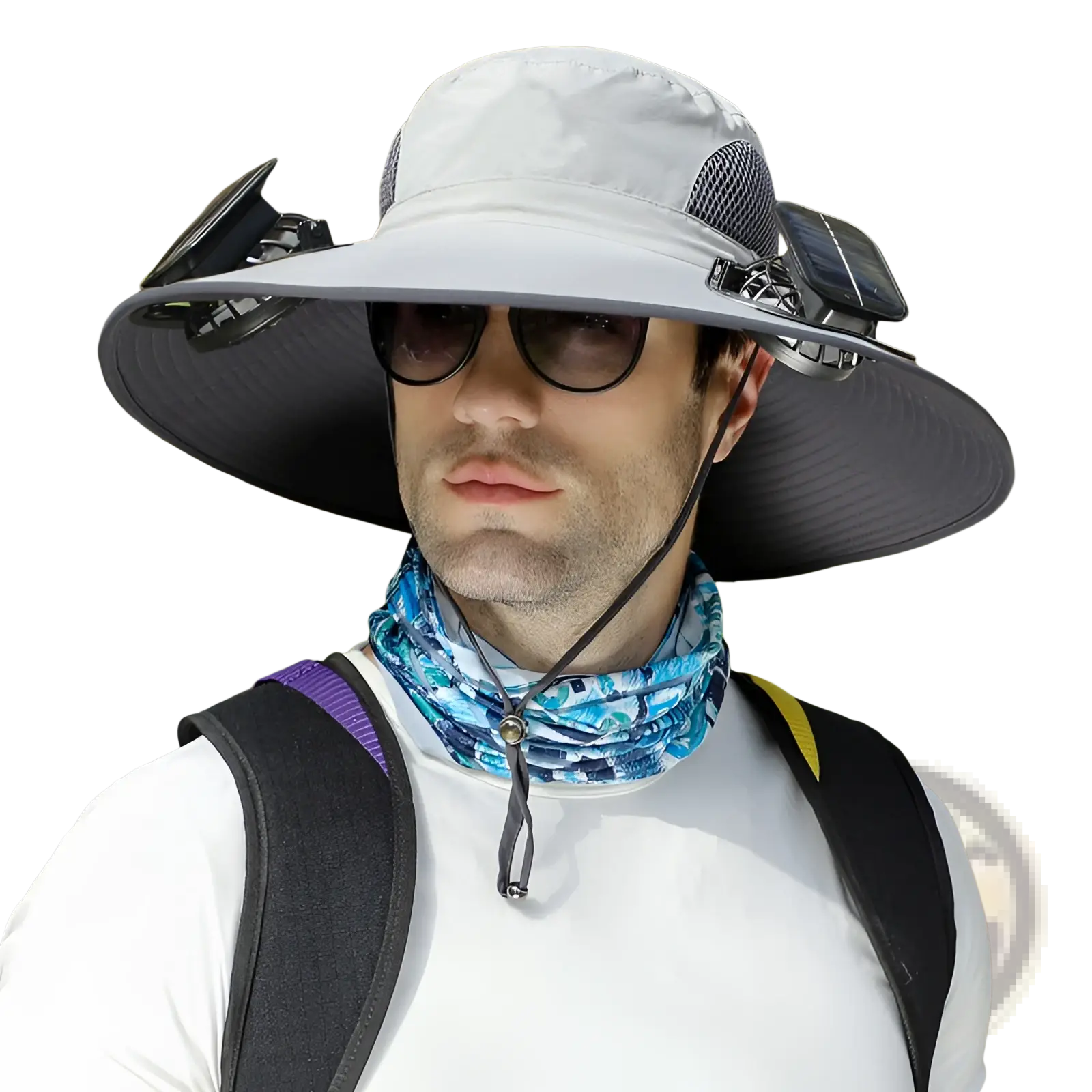 Light gray solar fan sun hat with wide brim black mesh panels and solar-powered sunglasses clips for outdoor fishing
