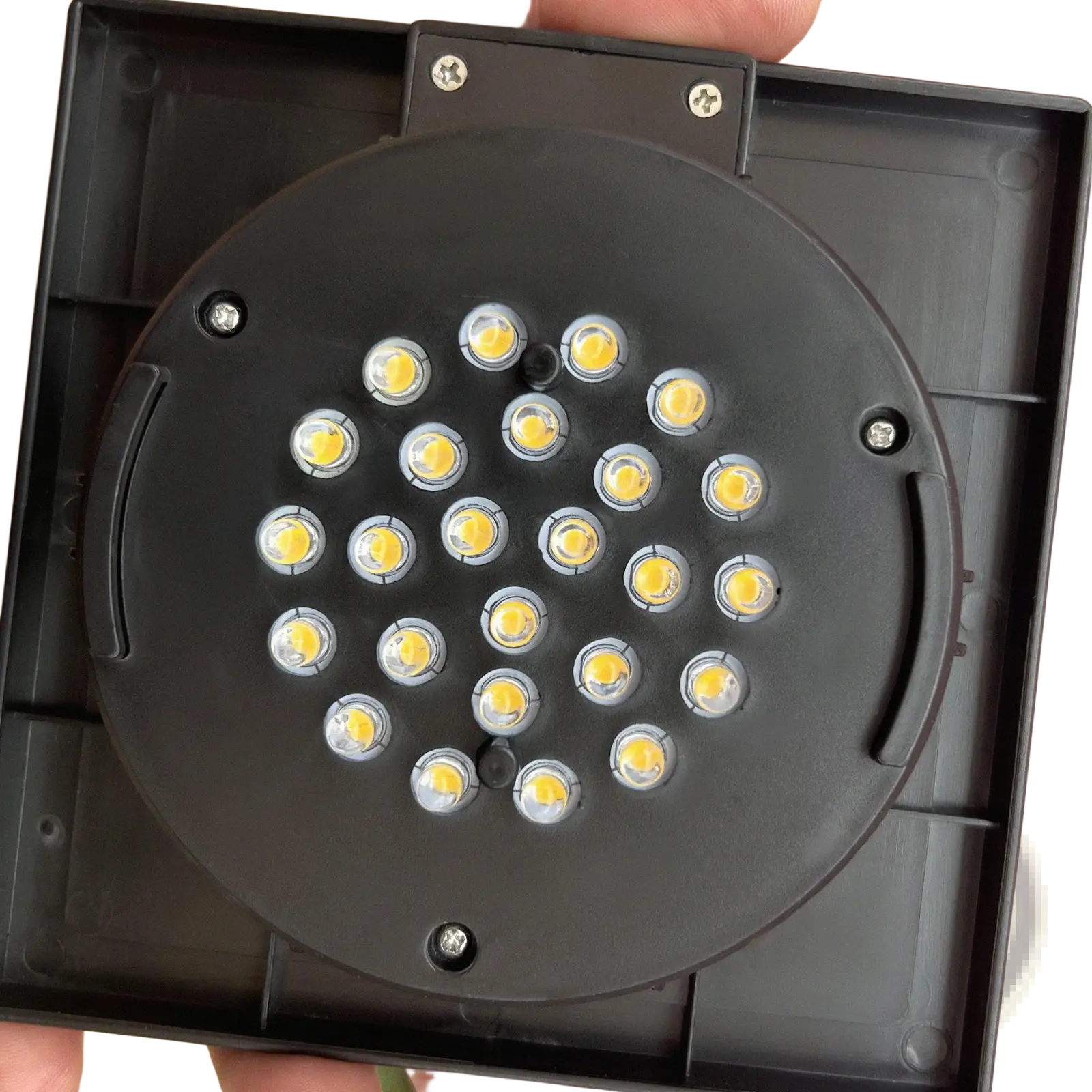 Black circular solar floor lamp outdoor rattan garden path light with 24 bright yellow LEDs in a grid pattern