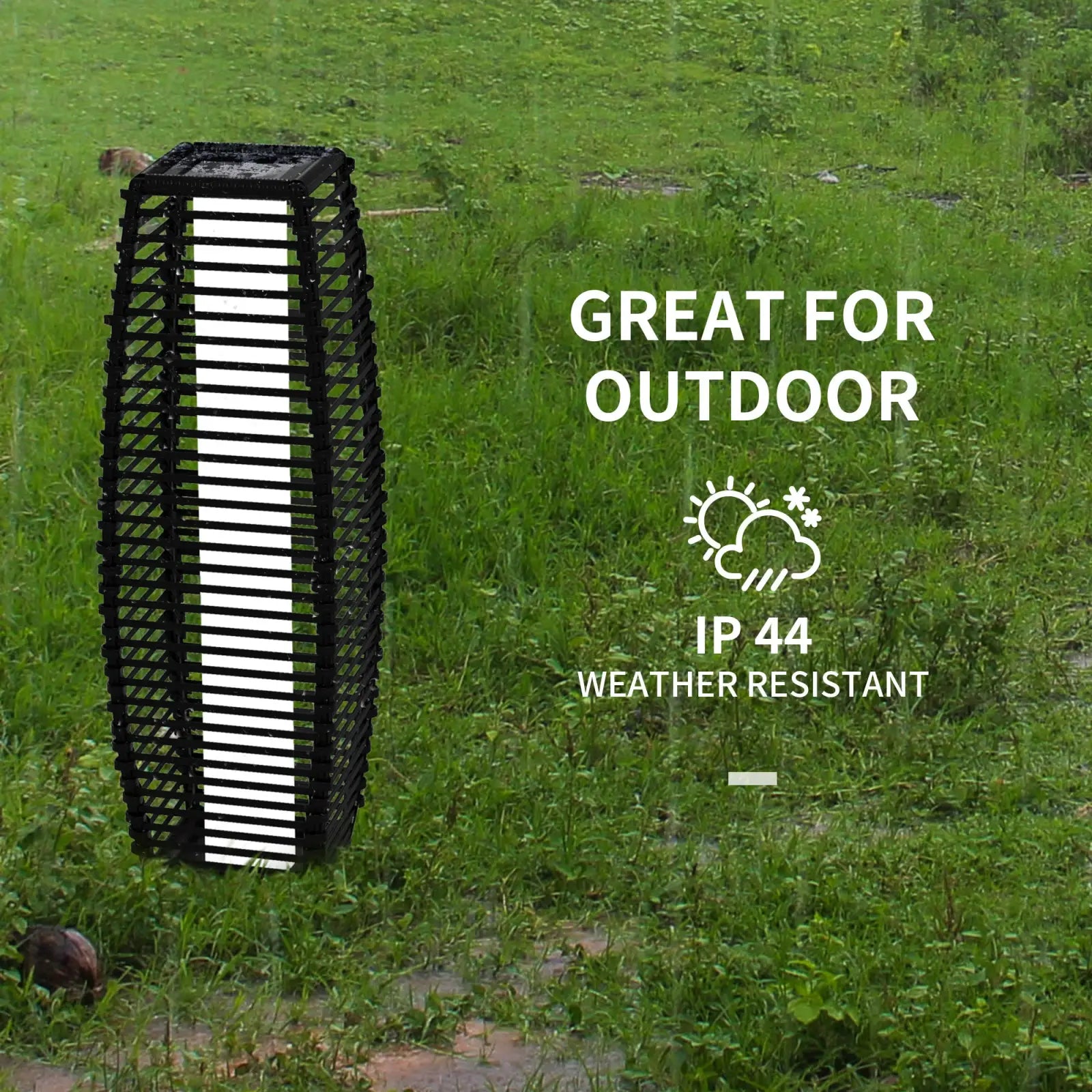 Black lattice-style solar floor lamp with vertical white led strip light for outdoor garden path illumination
