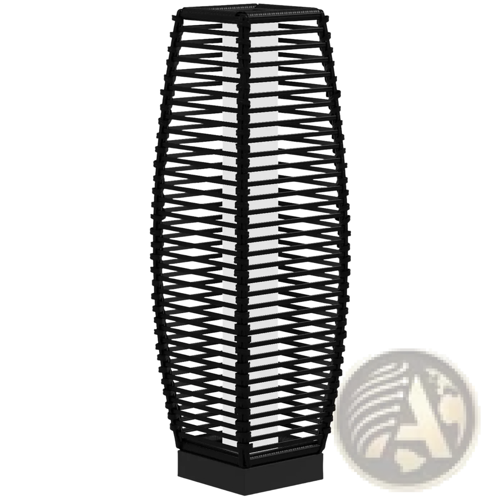 Black woven lattice solar floor lamp made of rattan with sleek modern design for outdoor garden path lighting