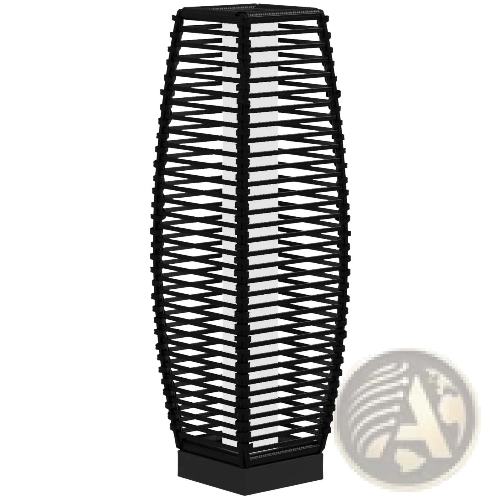 Black woven lattice solar floor lamp made of rattan with sleek modern design for outdoor garden path lighting