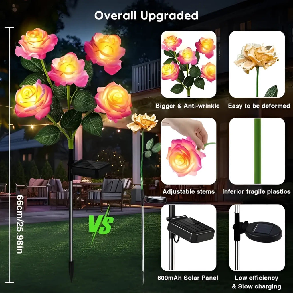 Solar garden lights 4 pack with pink and yellow color changing led rose flowers and flexible solar powered stems
